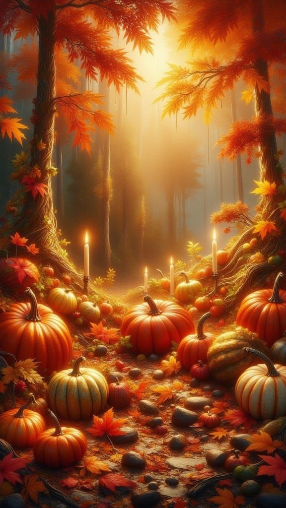 Autumn Still Life with Pumpkins and Candles