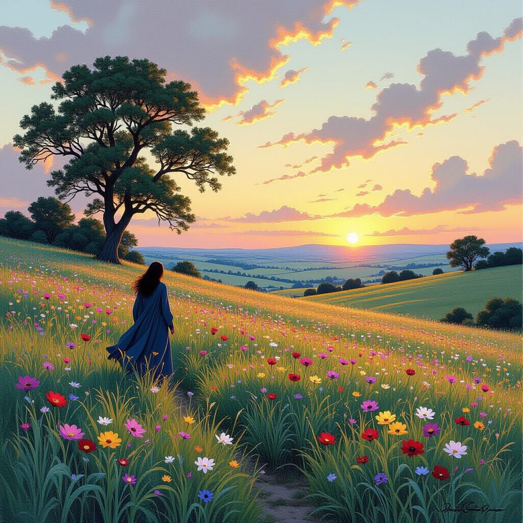 Iridescent Meadow Sunrise Landscape in Vivid Colors