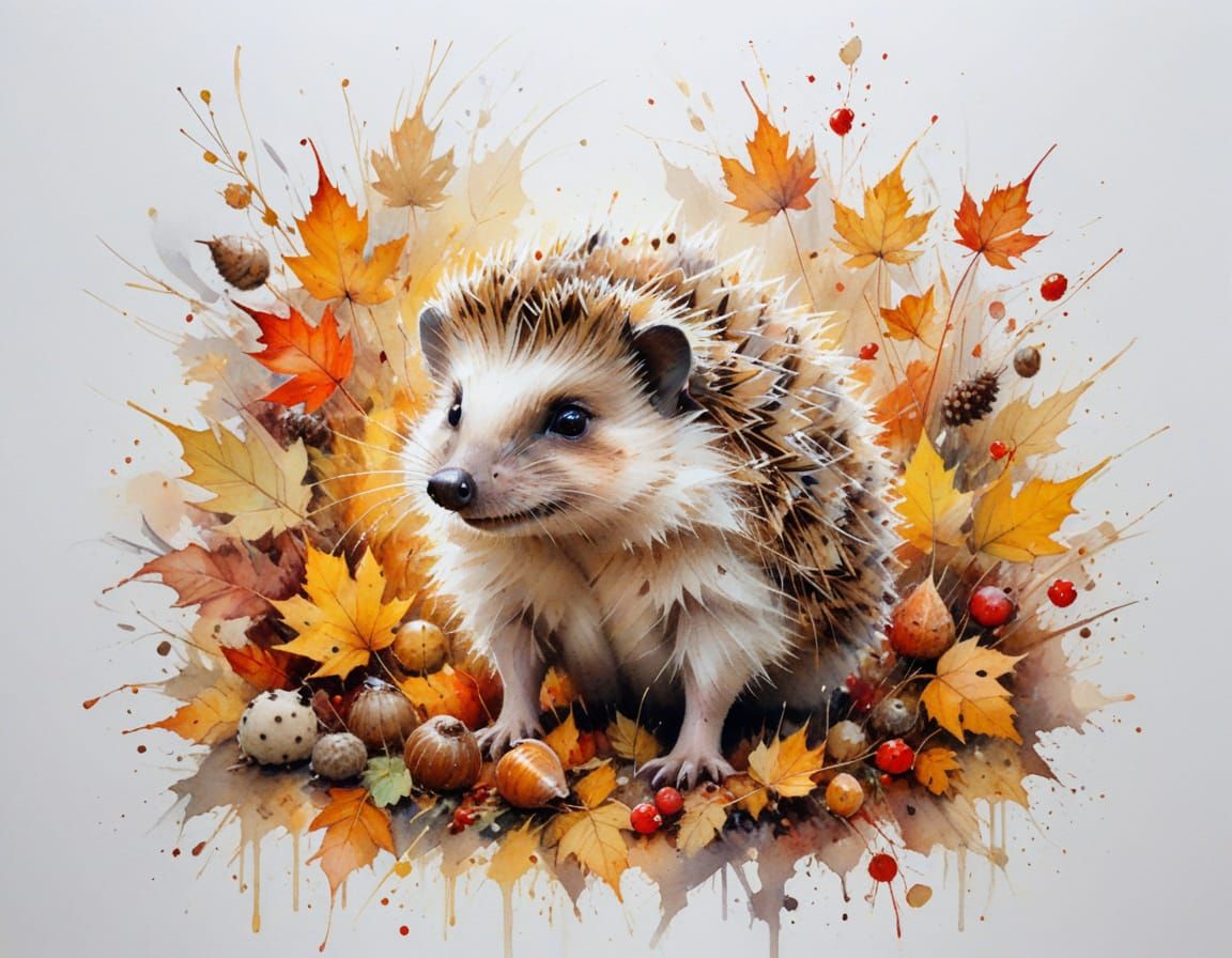 Playful Hedgehog in Sunlit Autumn Garden, Stylized Watercolo...