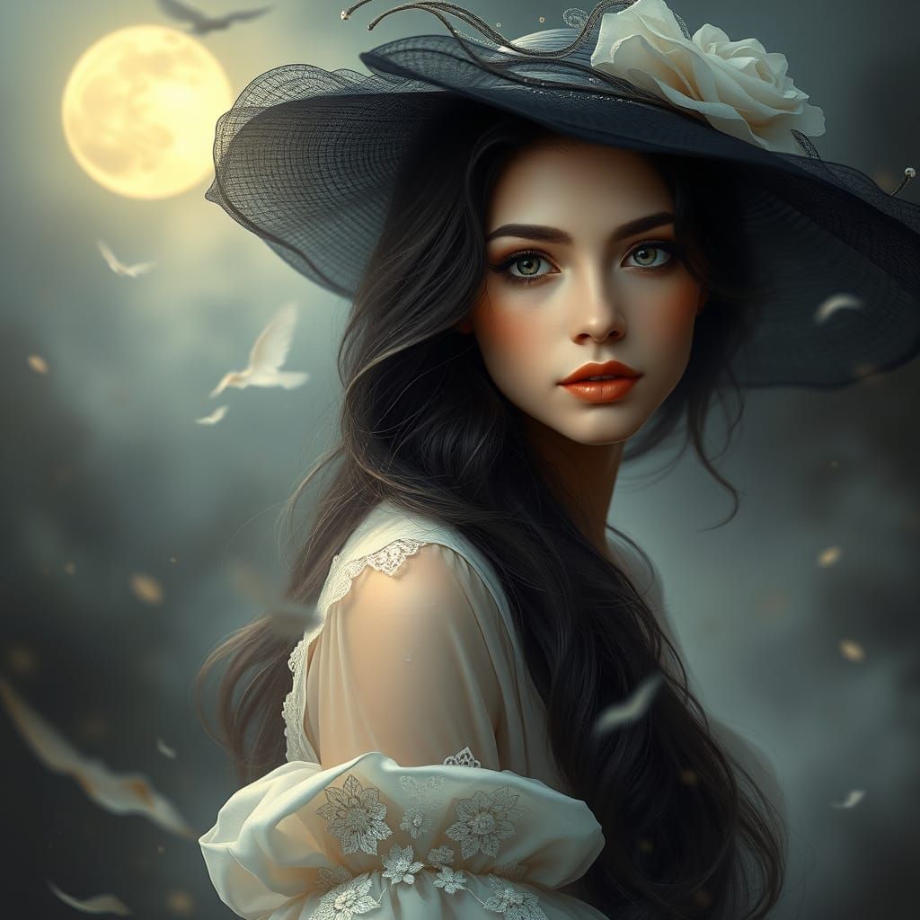 Ethereal Woman in Black Hat, Soft Light and Hyper-Realism