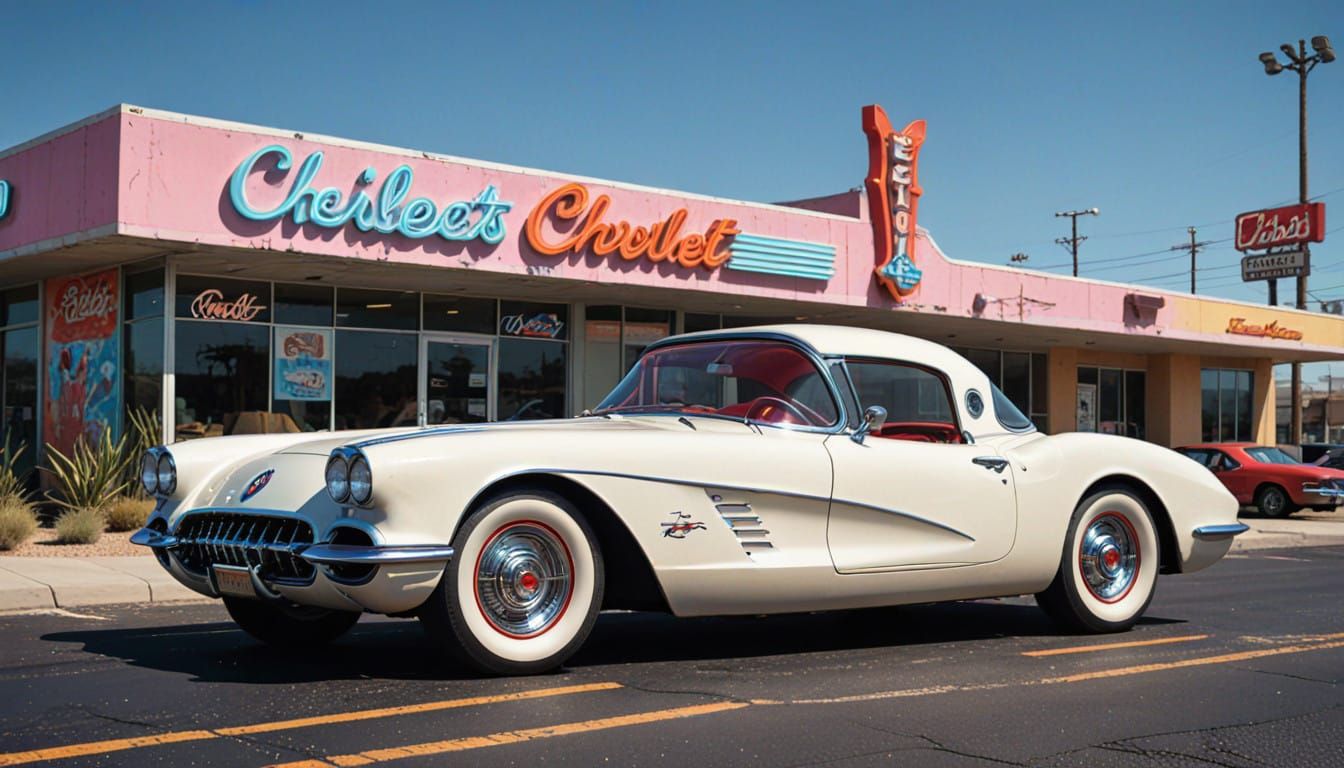 Retro Futuristic 1958 Chevrolet Corvette in Neon Drive-In