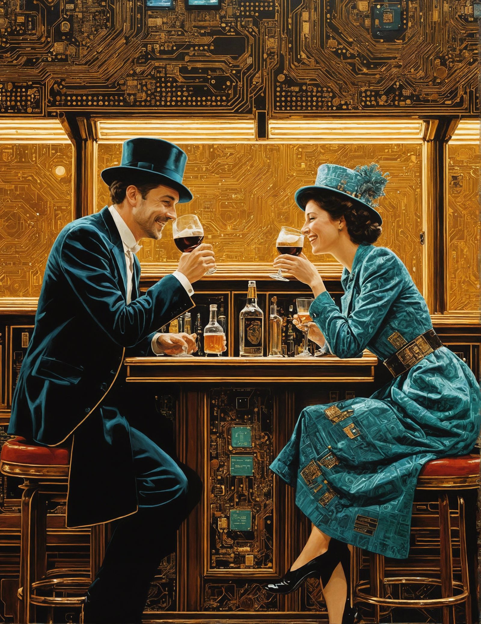 Ornate Drinkers Laughing in Pub as Oil Painting