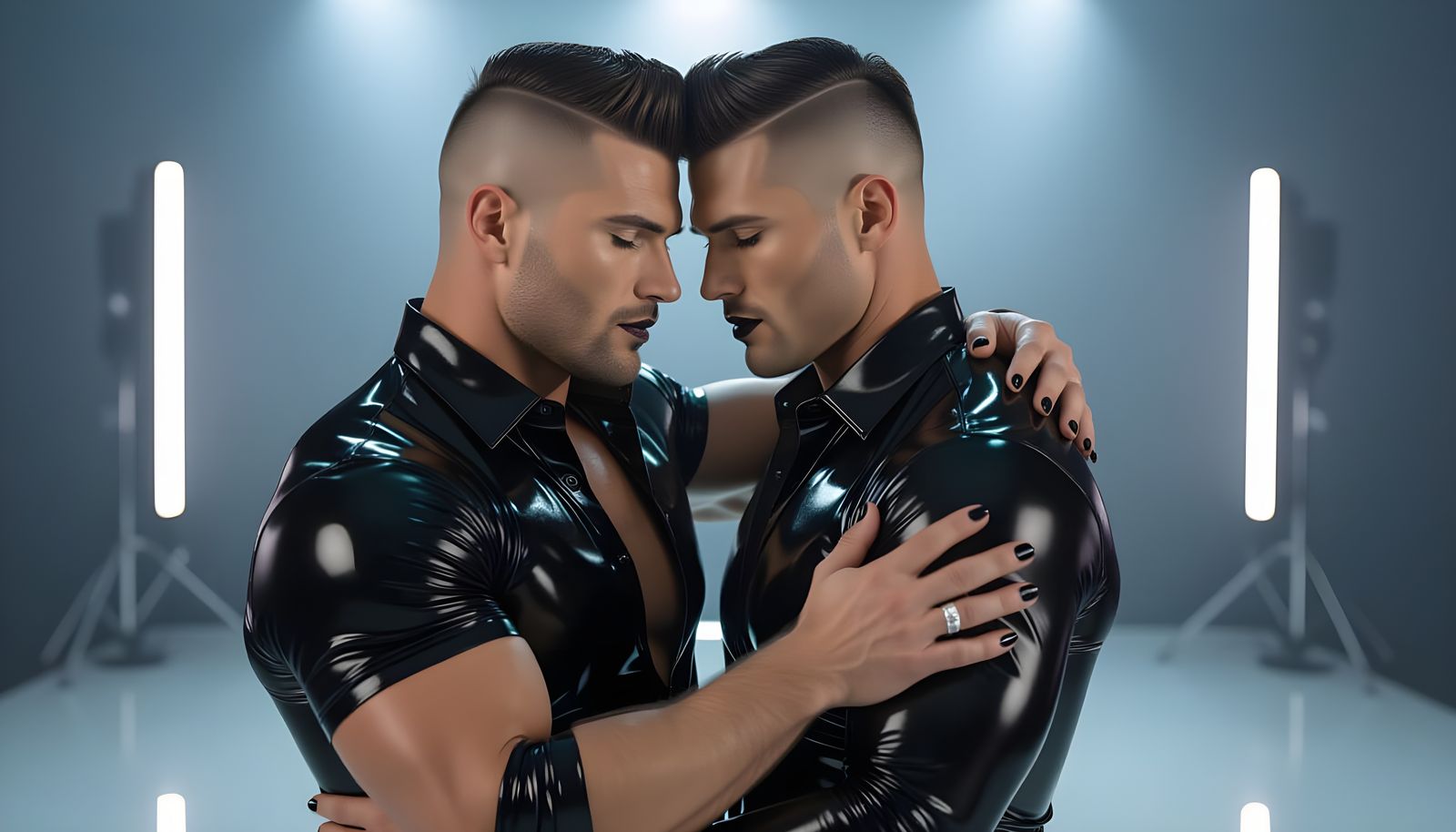 Men Dancing in Latex Club, High-Key Studio Photography