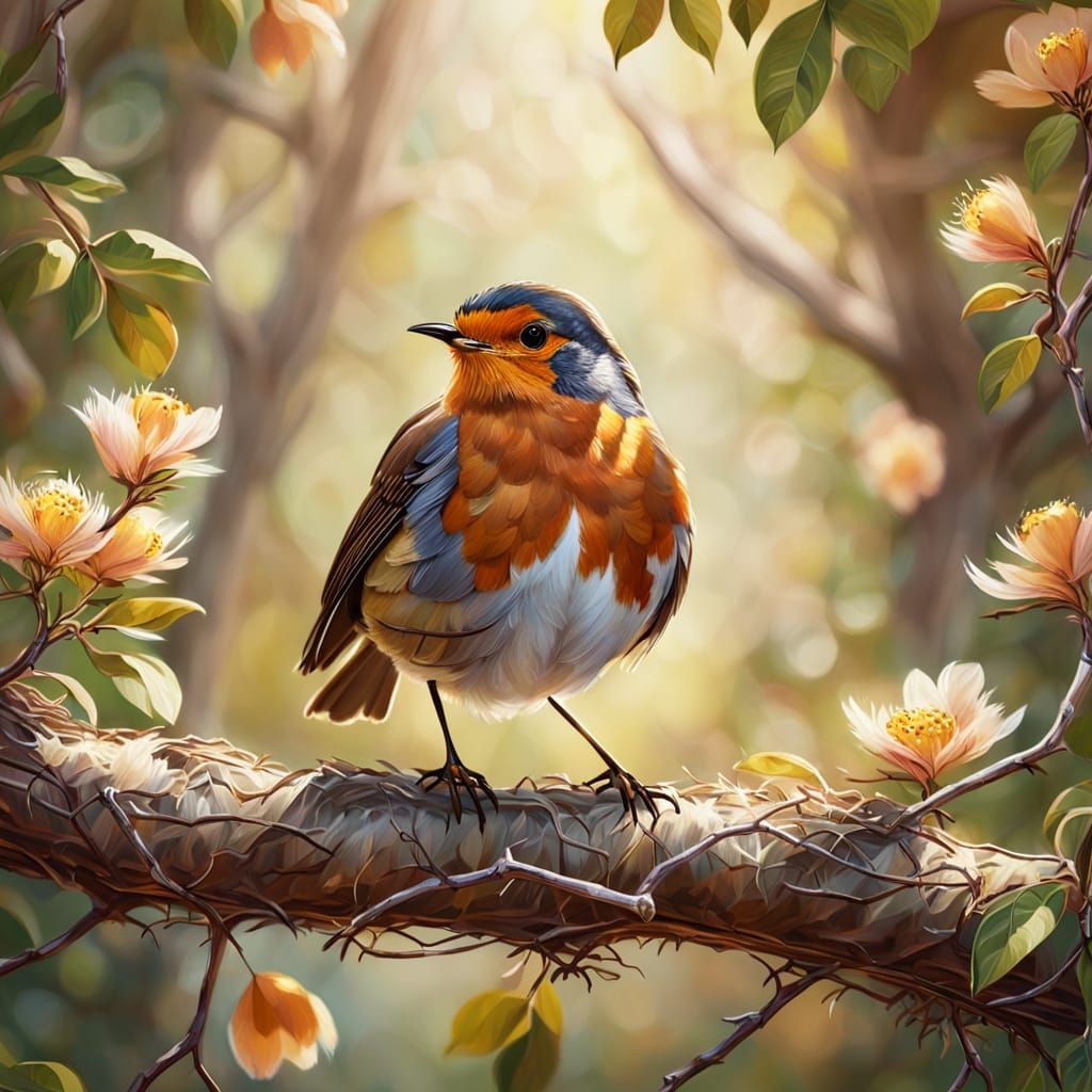Robin in Oil Painting Style on Branch