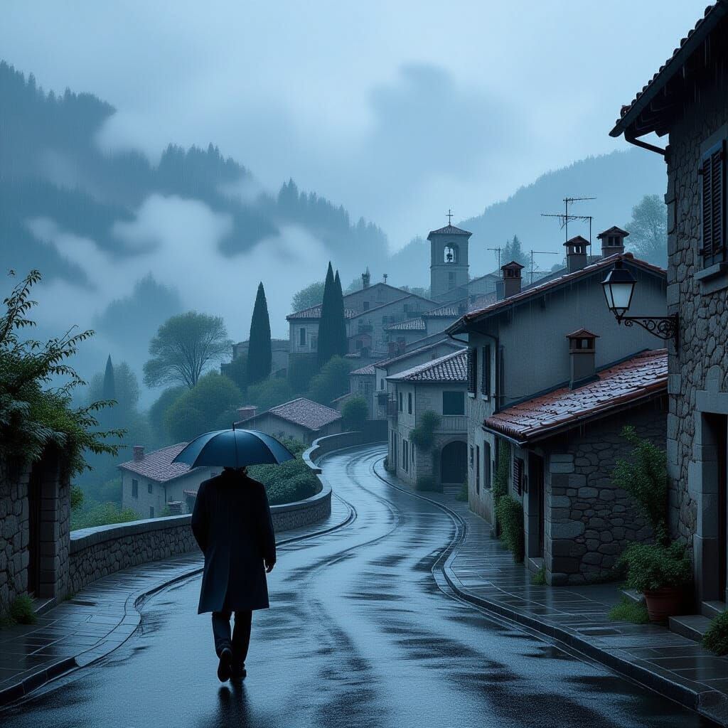 Rainy Italian Village Street Scene