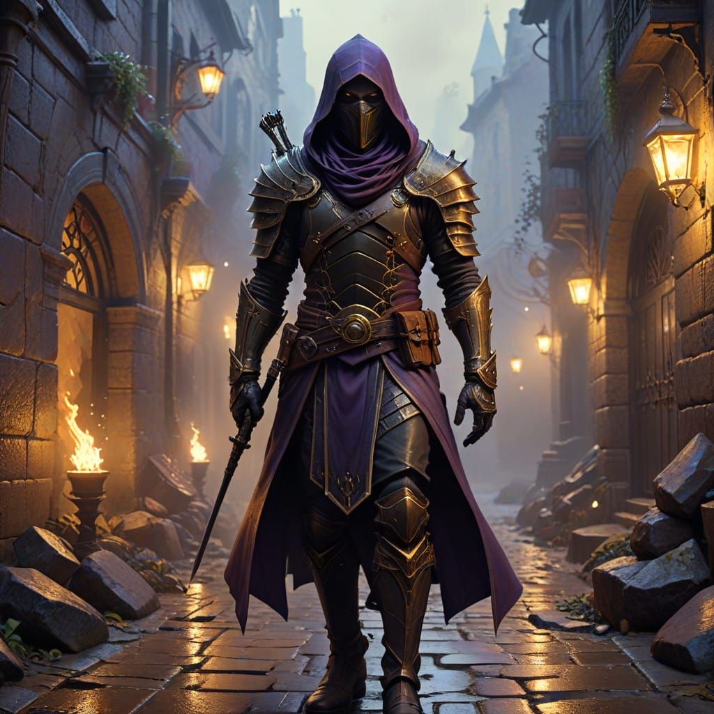 Dark Fantasy Assassin in Mysterious Alleyway