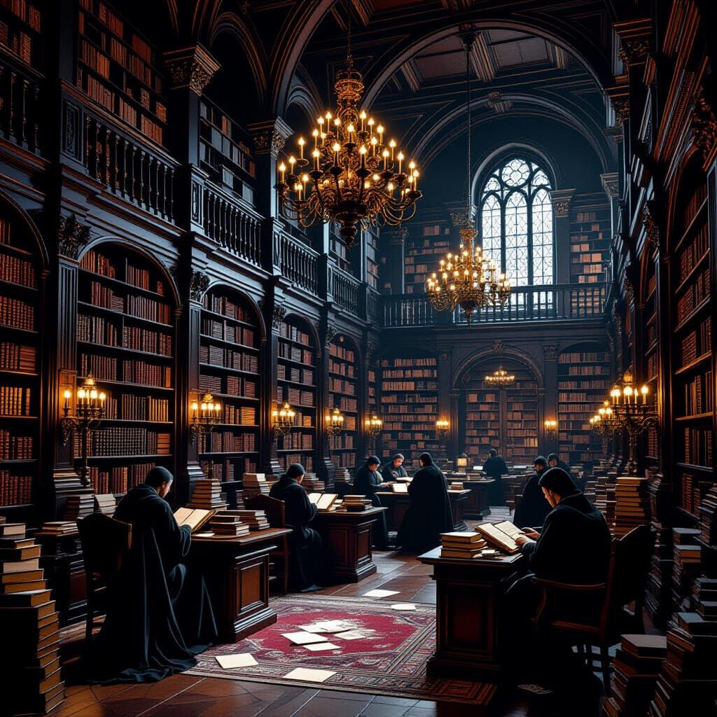 Grand Medieval Library in Dark Academia Style