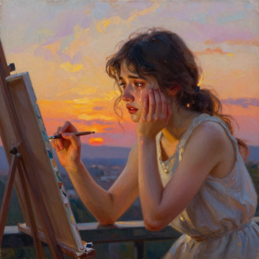 Melancholy Girl Portrait at Sunset Oil Painting