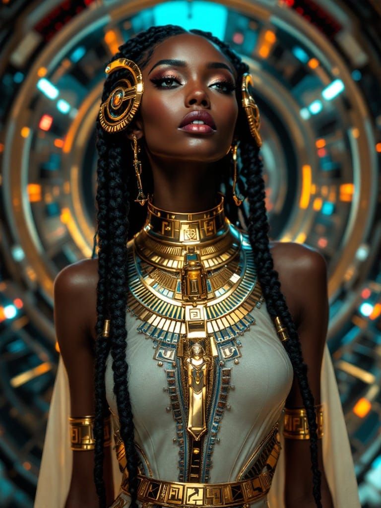Elegant Ebony Goddess on Futuristic Egyptian Spacecraft