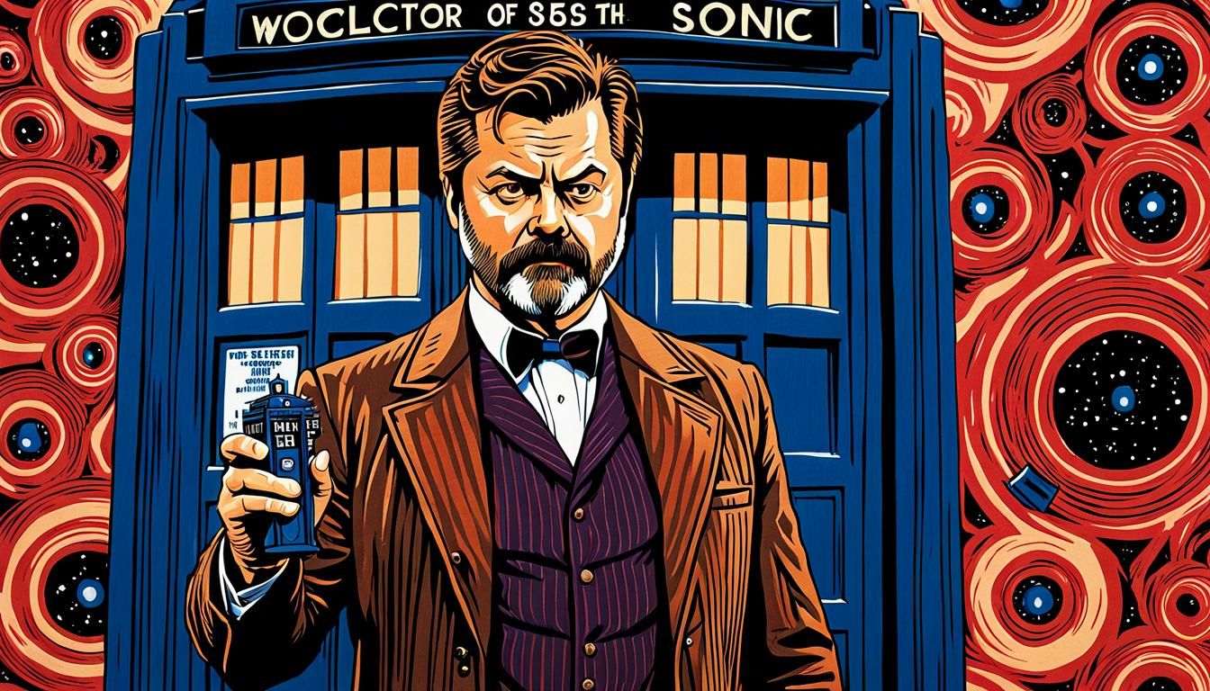 Nick Offerman as Doctor Who.  Standing in front of the Tardi...
