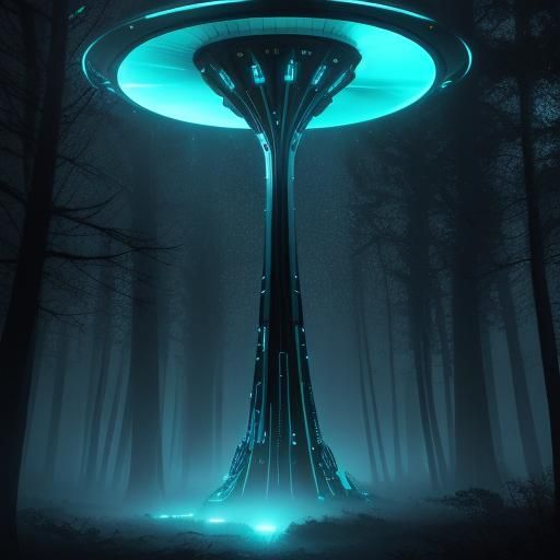 Glowing UFO over Moonlit Forest in Sci-Fi Art