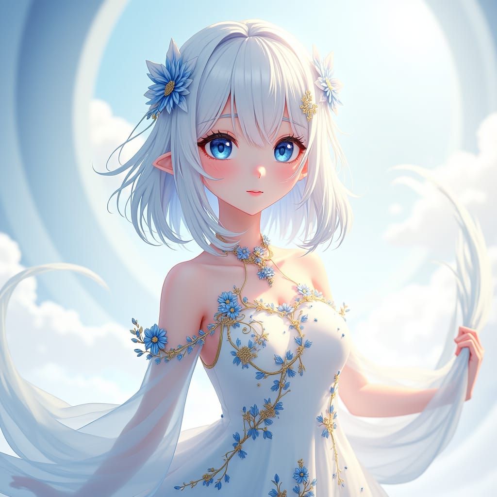 Anime Girl with White Hair and Blue Dress