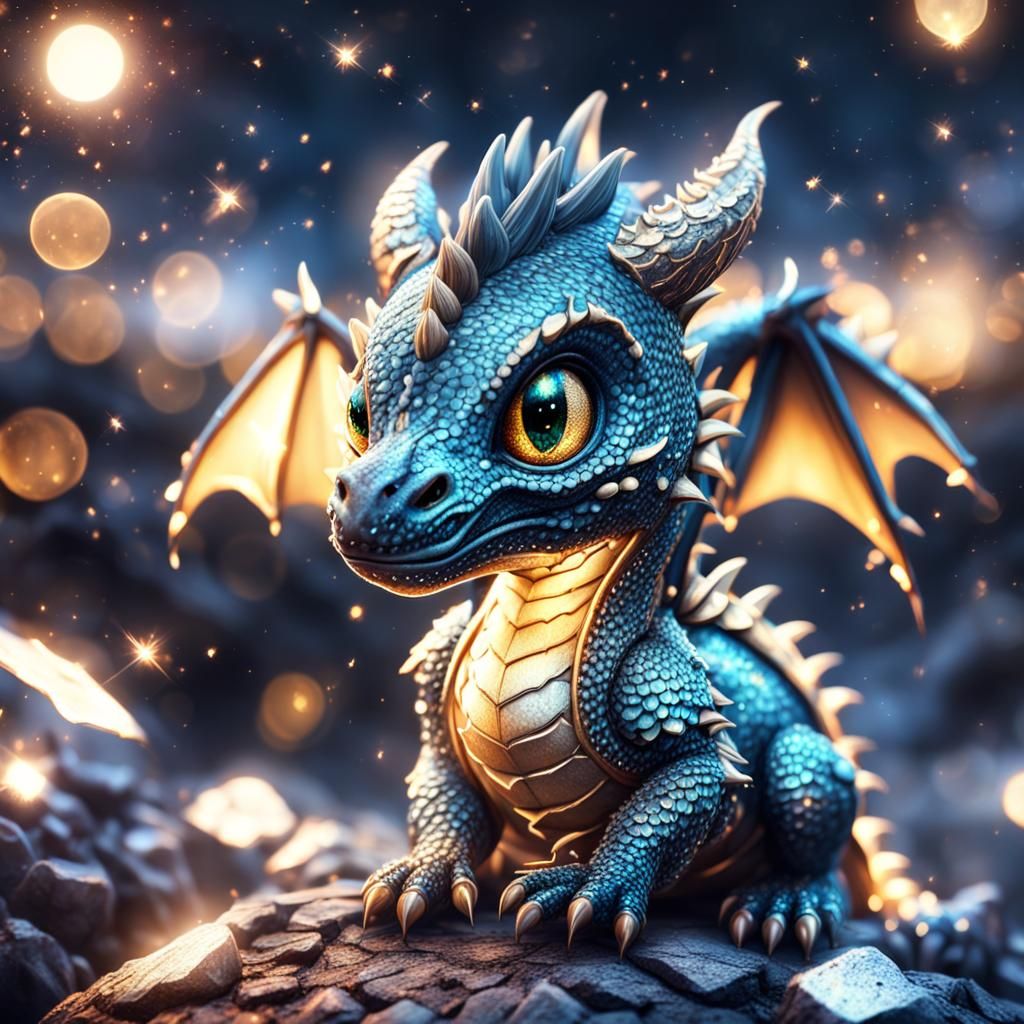 Sparkling Night Portrait of a Cute Tiny Dragon