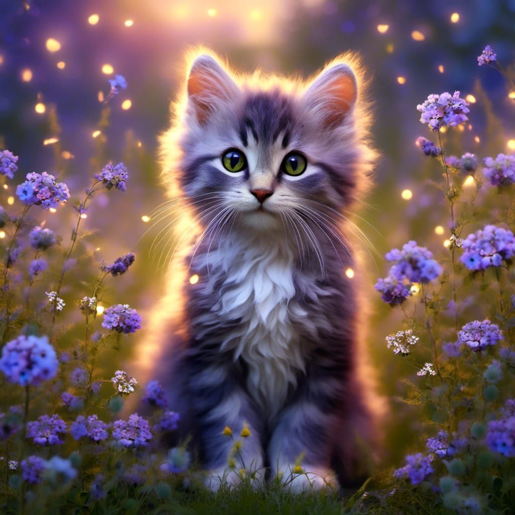 Whimsical Kitty in Twilight Flower Garden