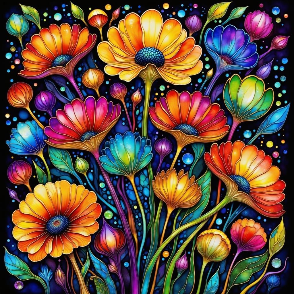 <lora:PR AlcoholWCGlass:1.0> mixed media painting of flowers...