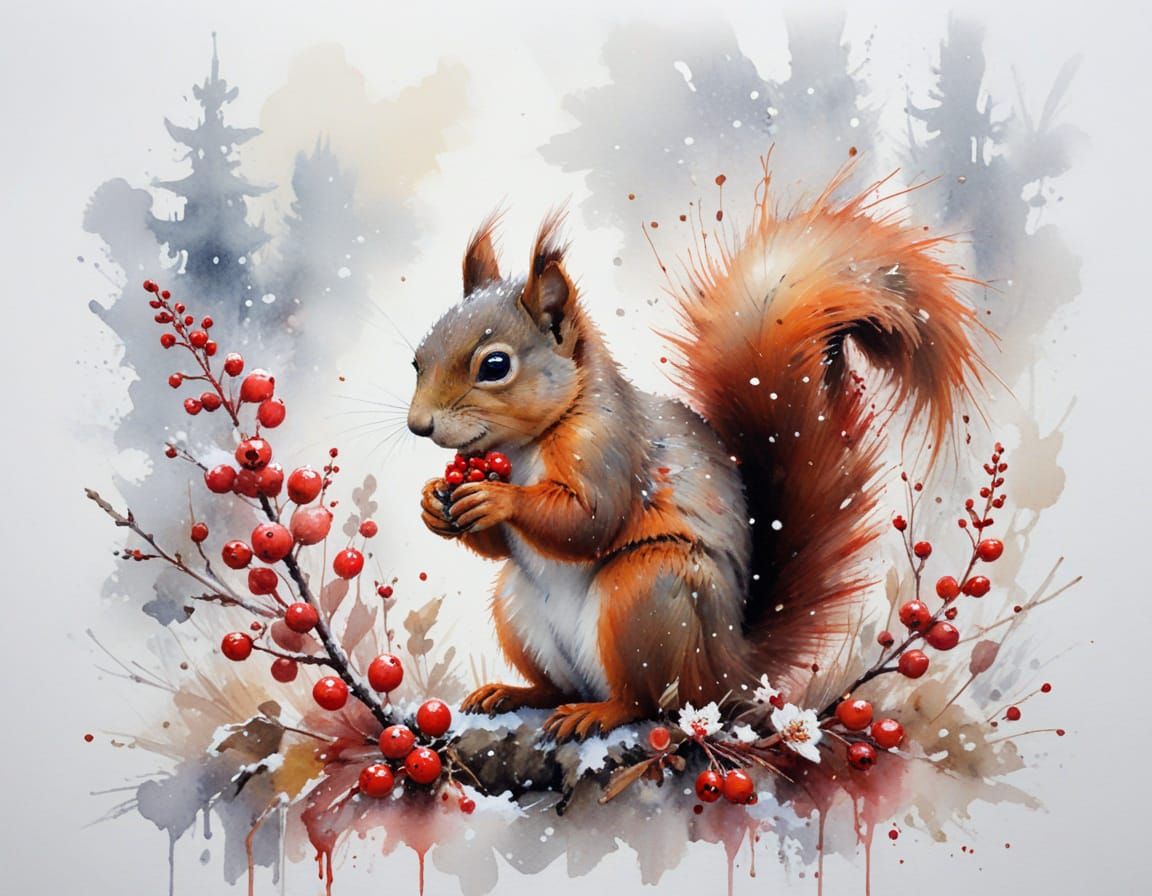 Squirrel Holding Berries in Snowy Landscape