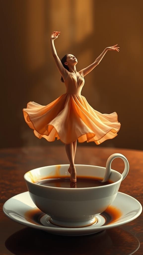Ethereal Ballerina in Coffee Cup Dreamscape