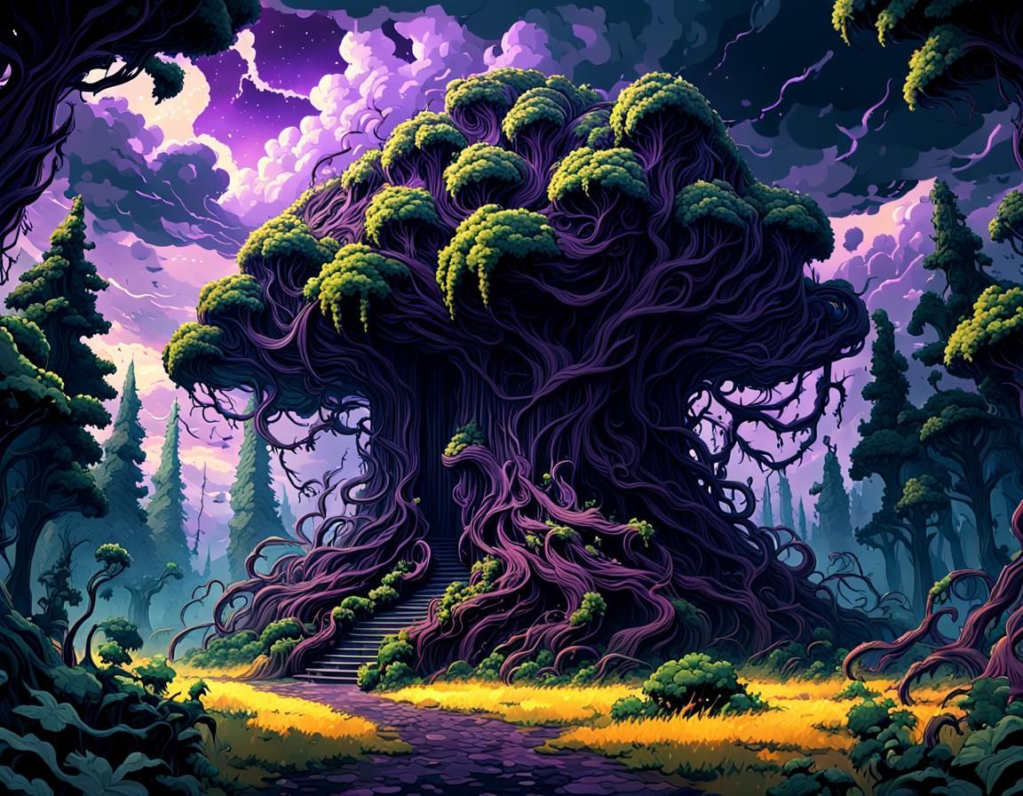 Ominous Pixel Art Forest with Rolling Clouds