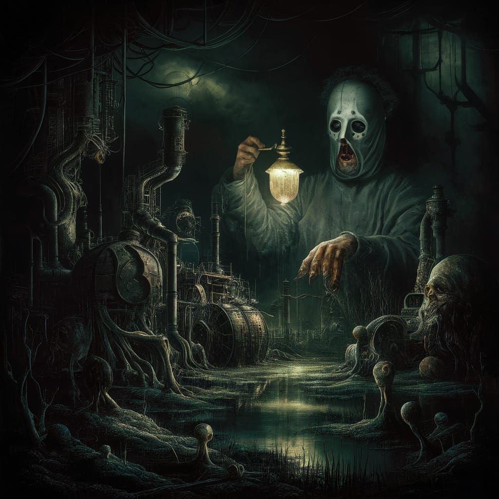 Dark Surrealist Dieselpunk Landscape with Twisted Machinery