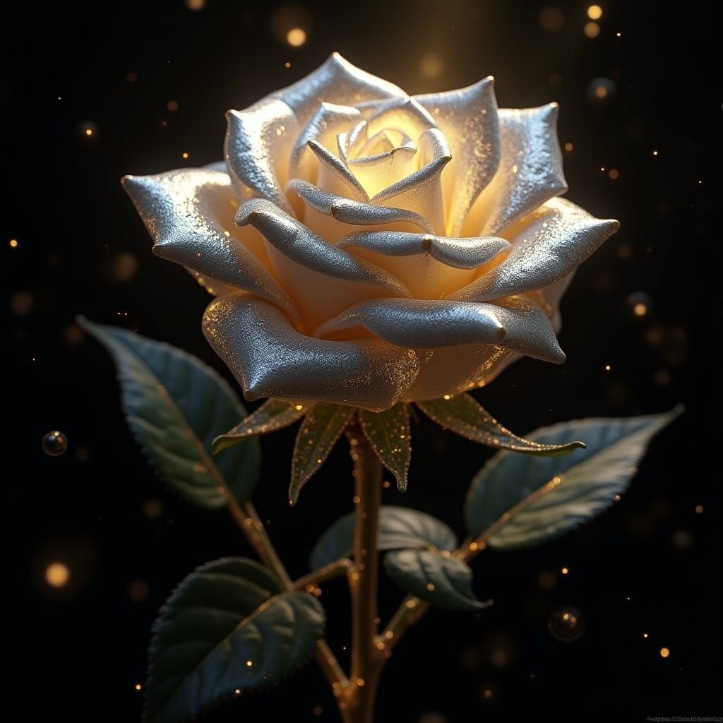 Glimmering Silver Rose Unfolds with Celestial Wings
