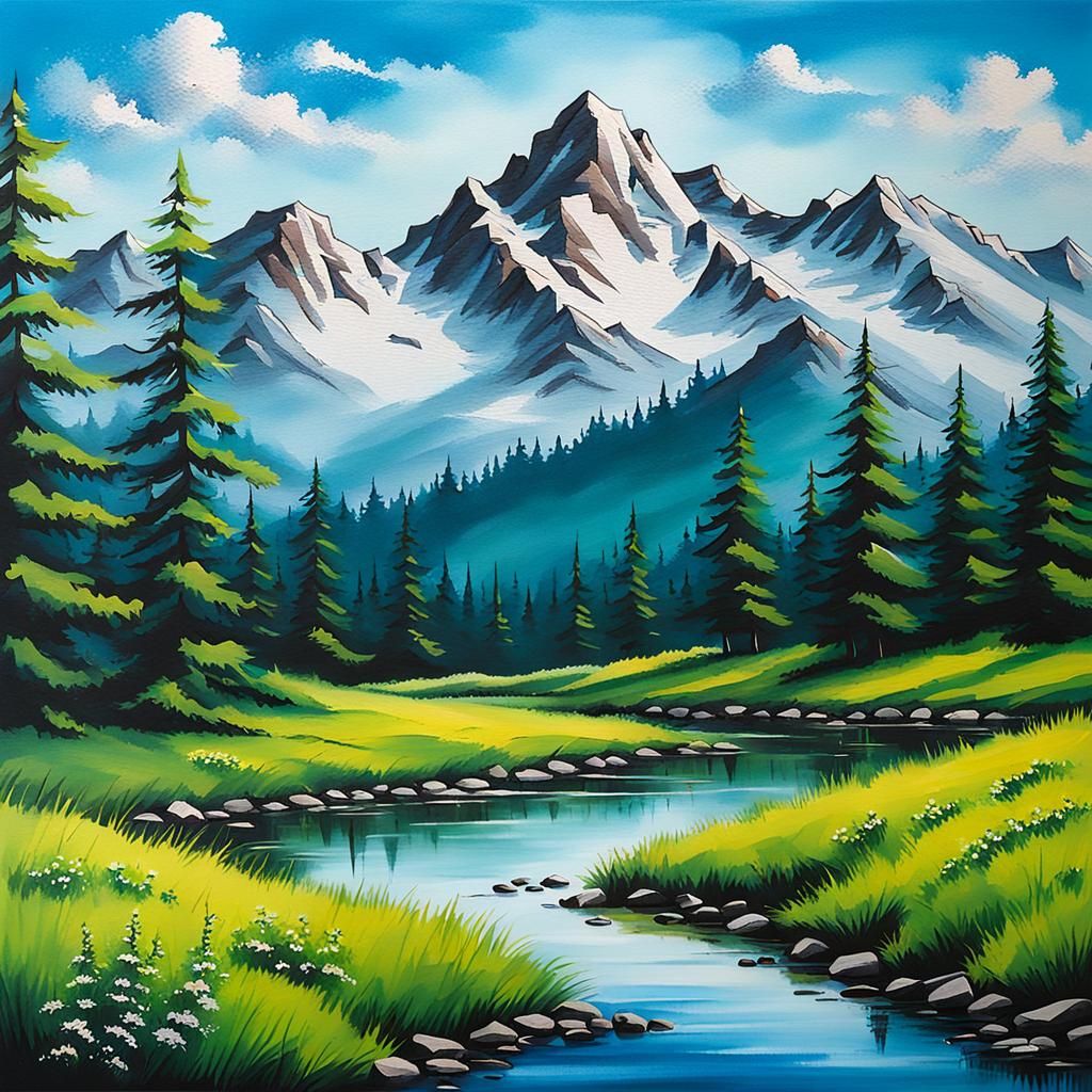 Idyllic Meadow Landscape in Bob Ross Style