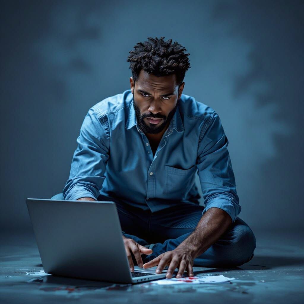 Man Reaching for Laptop in Dramatic Conceptual Painting
