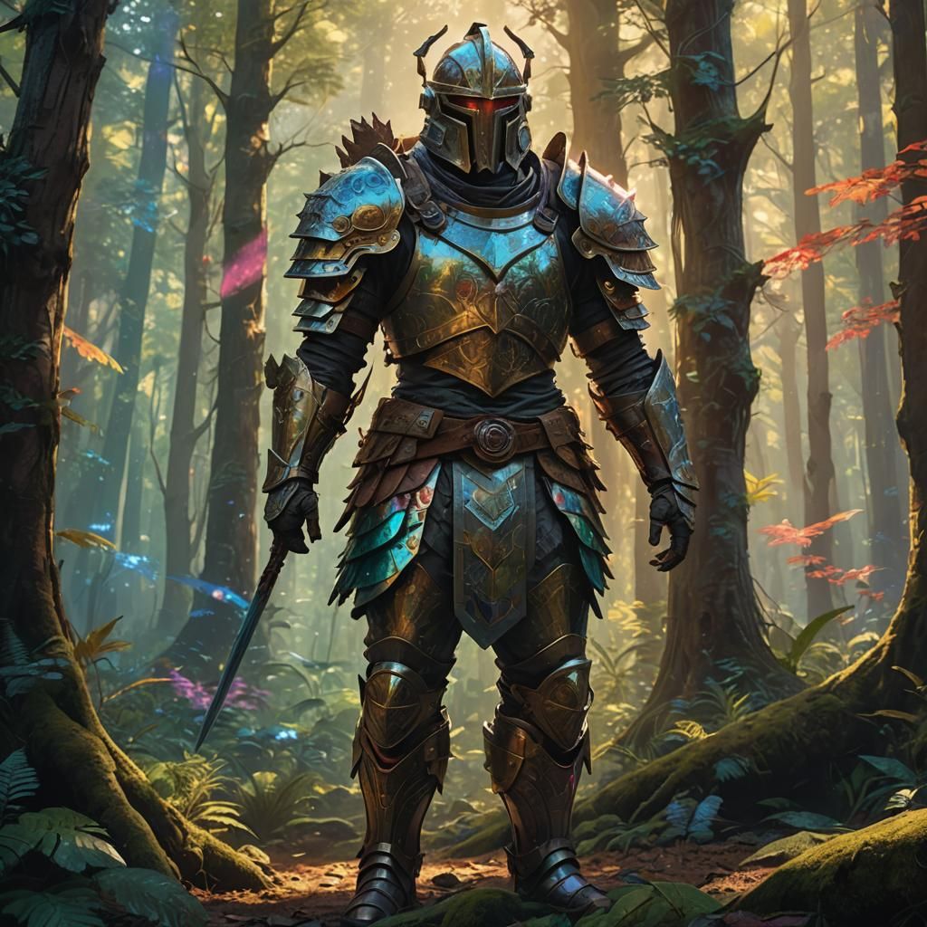 Mystical Forest Warrior in Iridescent Armor
