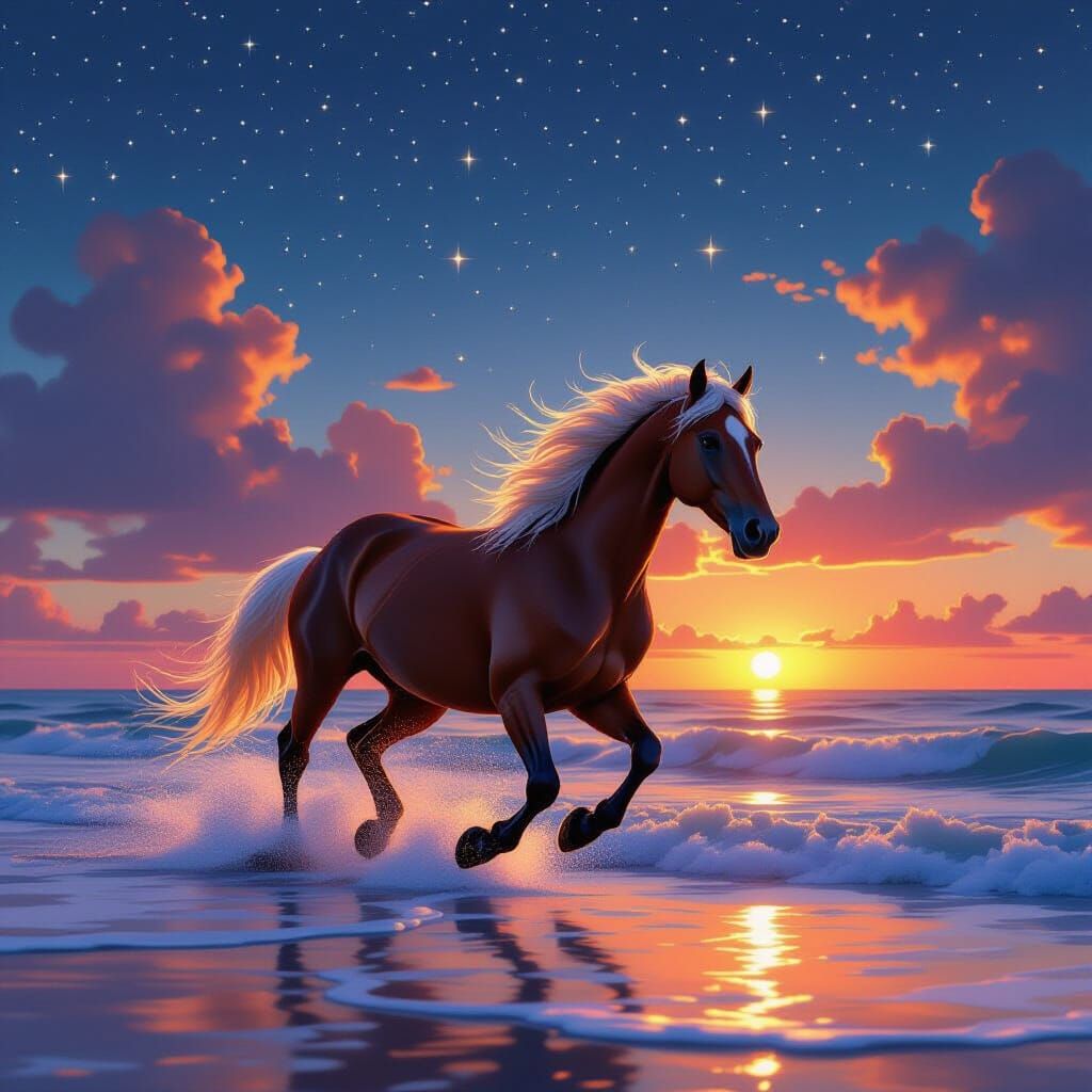 Majestic Horse Gallops Across Orange Sea Under Starry Twilig...