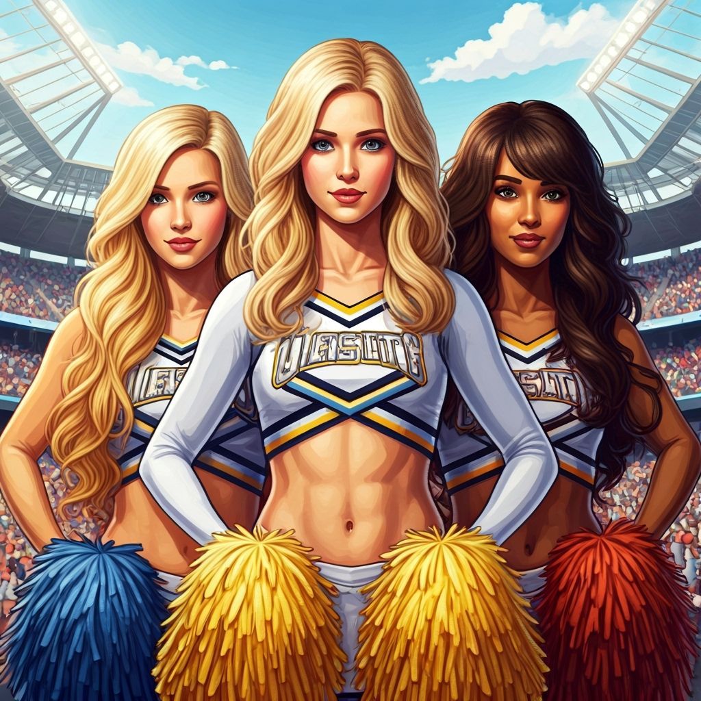 Cheerleaders in Stadium, Playful Pop Art Style