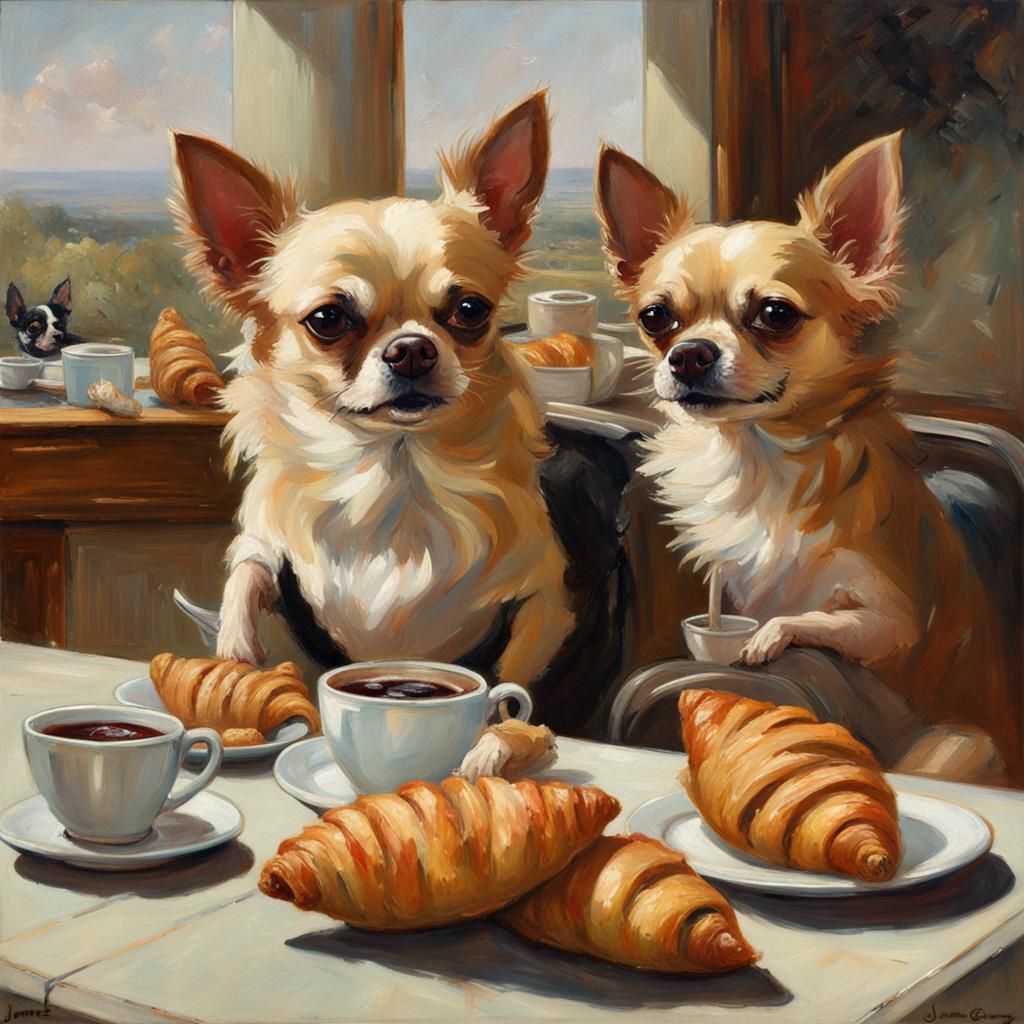 Chihuahuas and Man Breakfast, Oil Painting