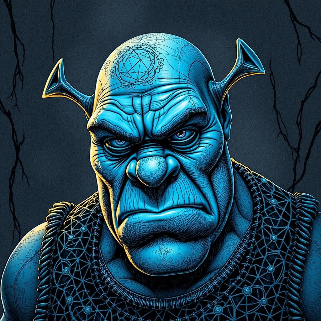 Blue Ogre Portrait with Intricate Filigree Art