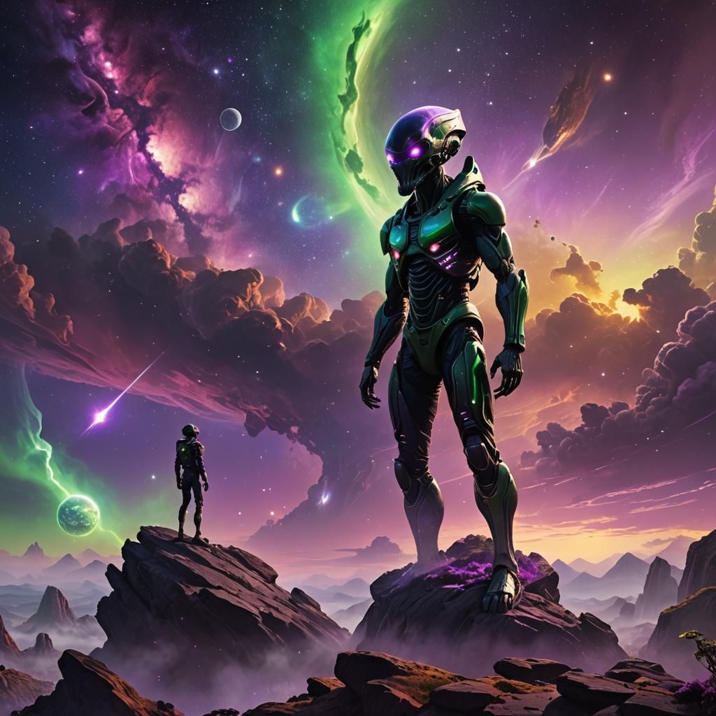 Sci-Fi Alien Gazing at Nebula Sky