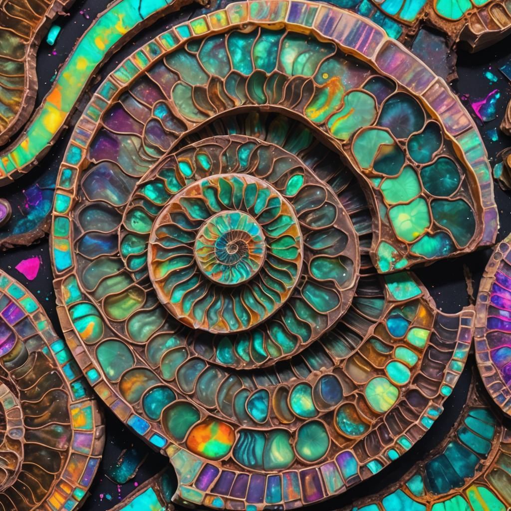Opalized Ammonite Fossil in Synthwave Neon