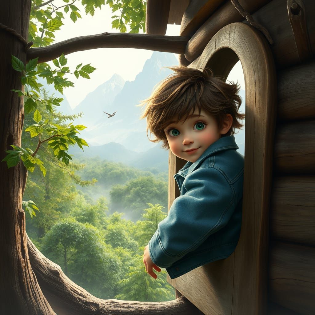 Child Contemplates Nature from Wooden Treehouse in Mountains
