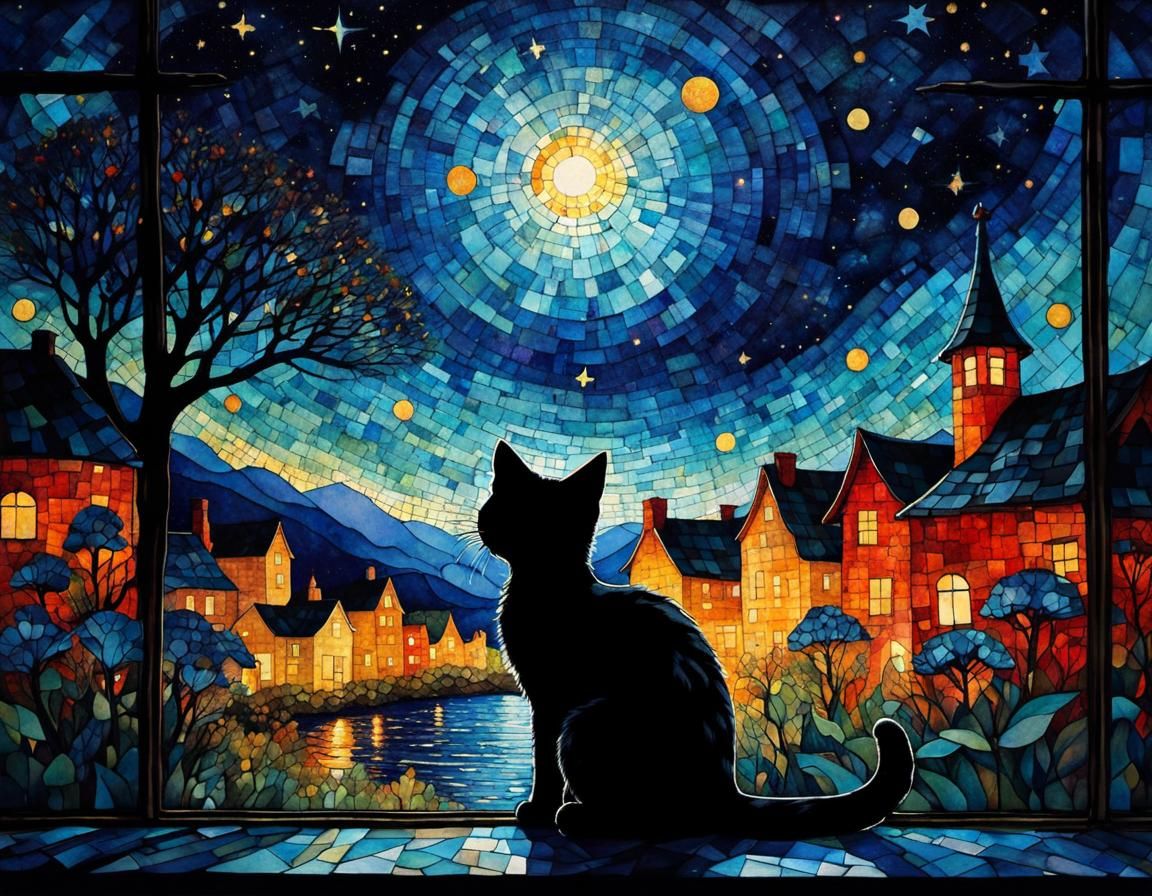 Kitten Gazing at Starry Sky, Whimsical Illustration