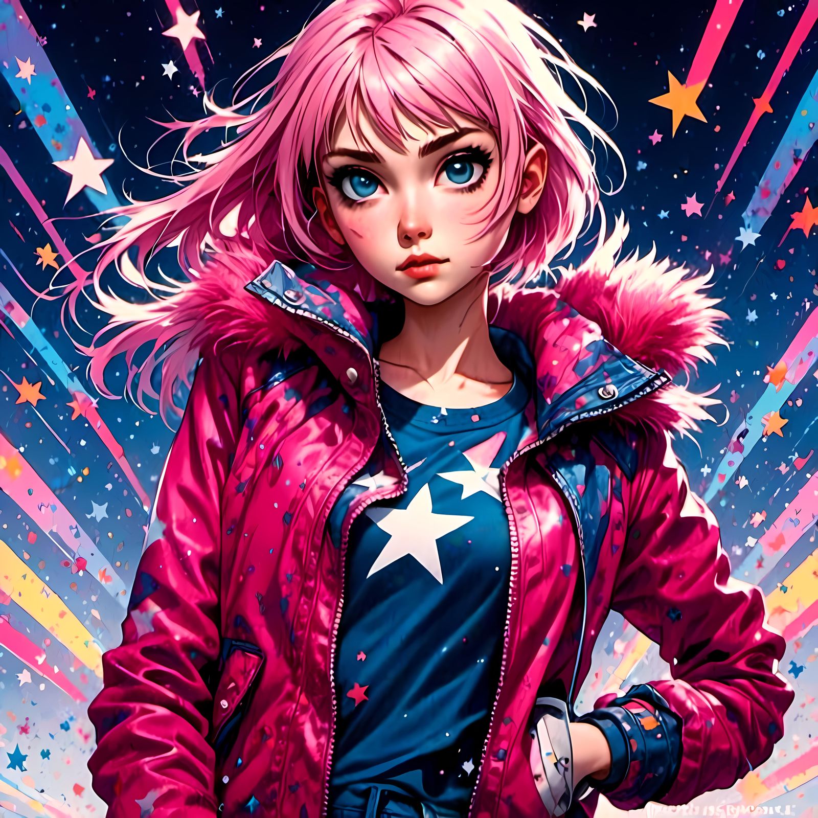 Stylish Young Woman with Star Purse in 2.5D Cartoon