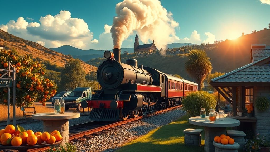 Steam Train Through Orange Grove in Painterly Style