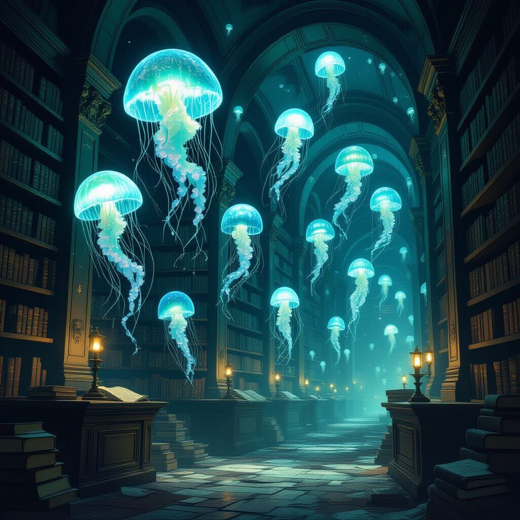 Bioluminescent Jellyfish in Ancient Library Illustration