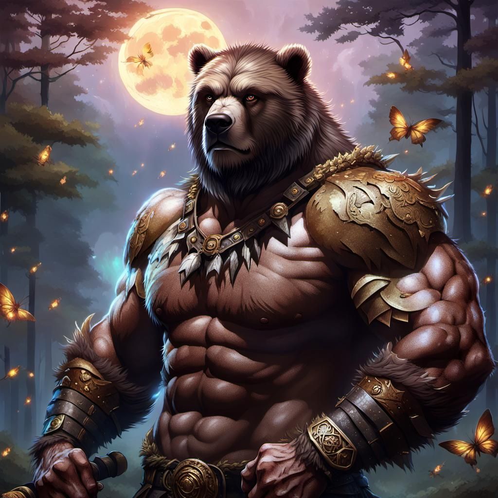 80s Anime Bear Barbarian in Firefly Forest