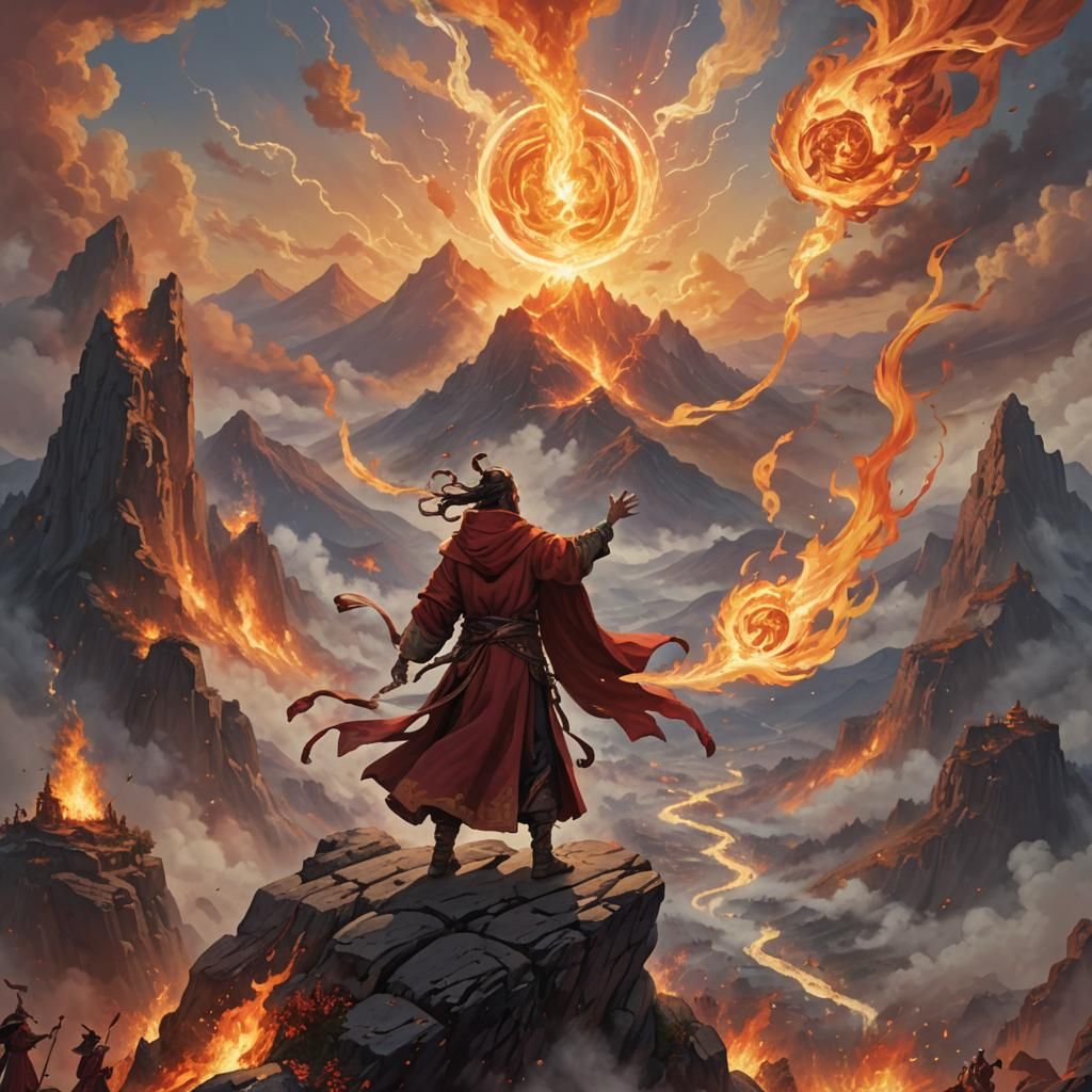 Mage Conjuring Fireball on Mountaintop