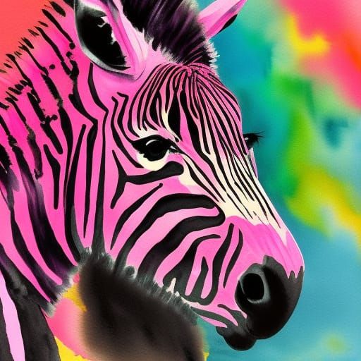 Pink Zebra in Gouache Style Impressionist Painting