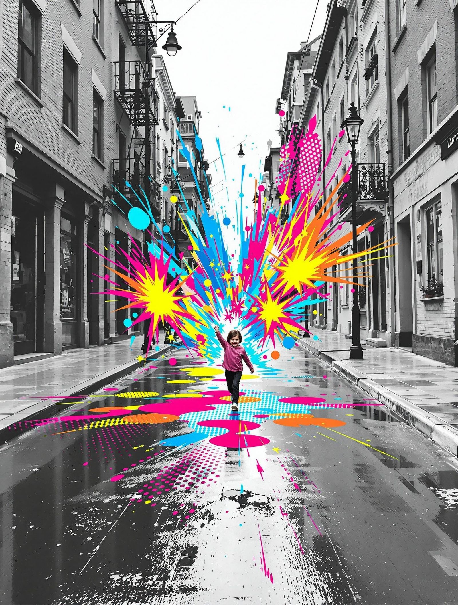 Child Transforms City Street with Pop Art
