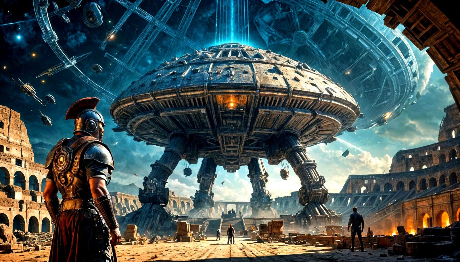 Roman Legionary Guarding Alien Spacecraft in Colosseum