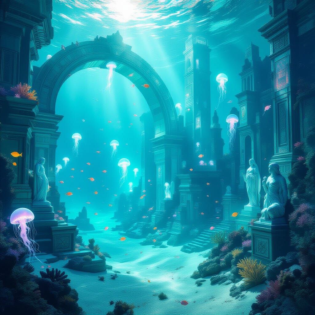 Sunken Futuristic City with Coral Skyscrapers and Ancient St...