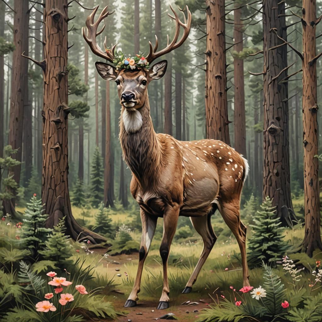 Deer with Flower Crown in Pine Forest