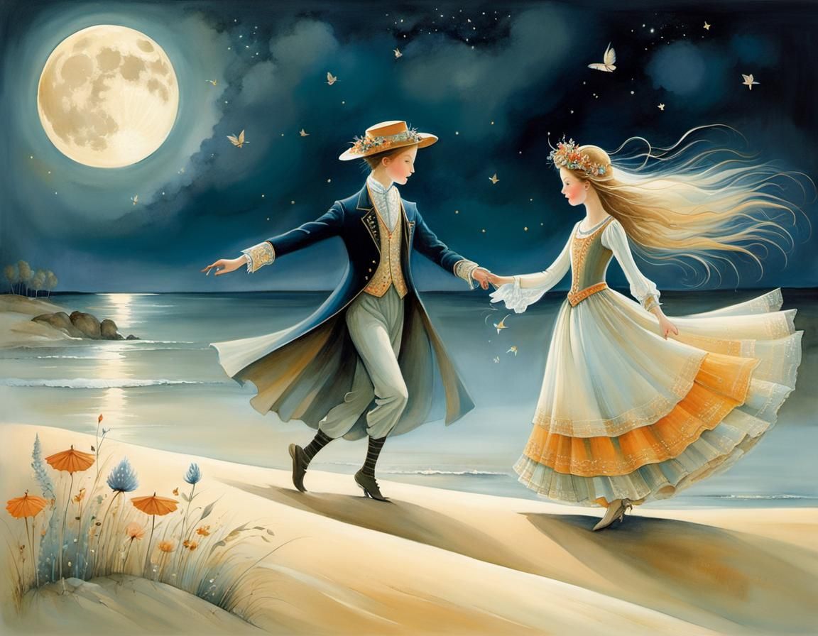 Magical Couple Dancing on Moonlit Beach Illustration