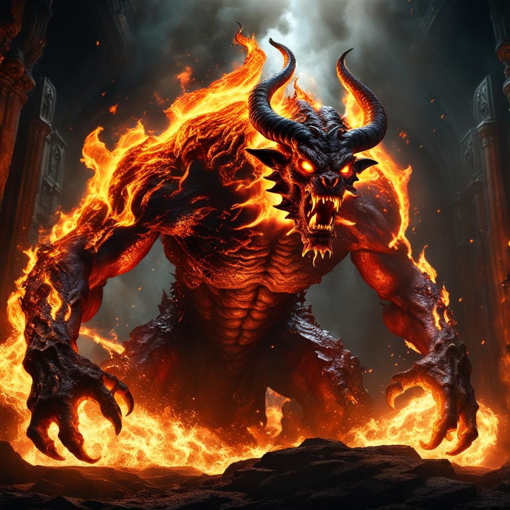 Photorealistic Flaming Balrog Demon in Fiery Abyss