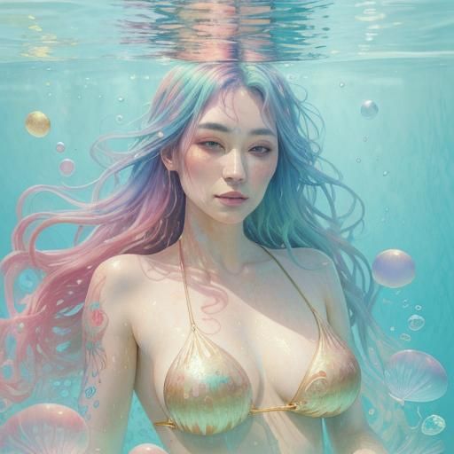 Woman Bathes in Rainbow Sea: Impressionistic Pastel Art