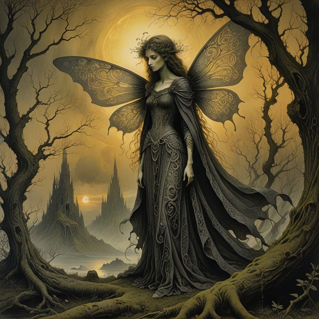 Whimsical Fairy in Celtic-Inspired Charcoal Drawing Style