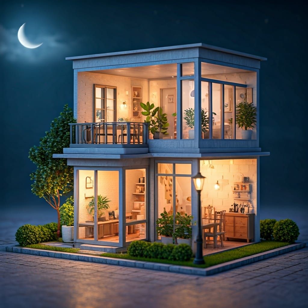 Cute Miniature House Under Moonlight in 3D